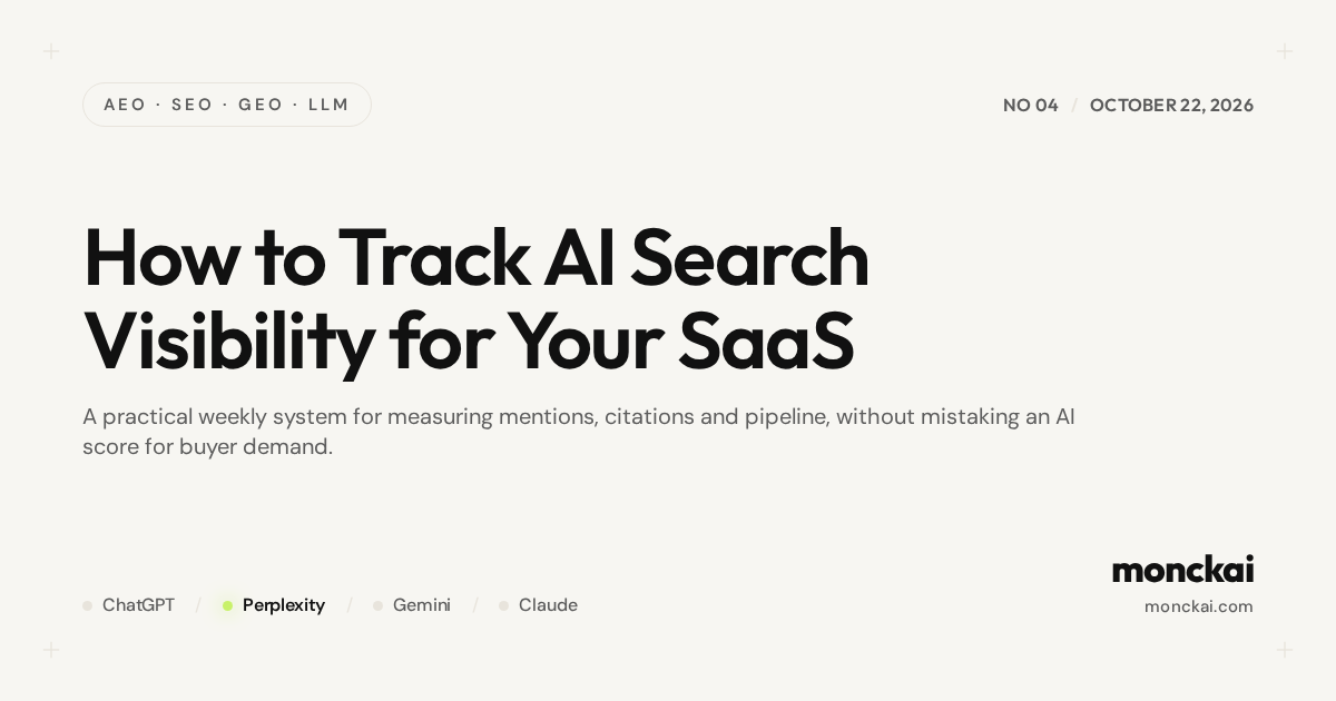 monckai Field Notes cover: How to Track AI Search Visibility for Your SaaS. AEO, SEO, GEO and LLM visibility guide, dated October 22, 2026.